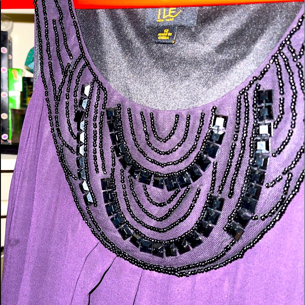 ILE  long beaded dress purple with pink flowers